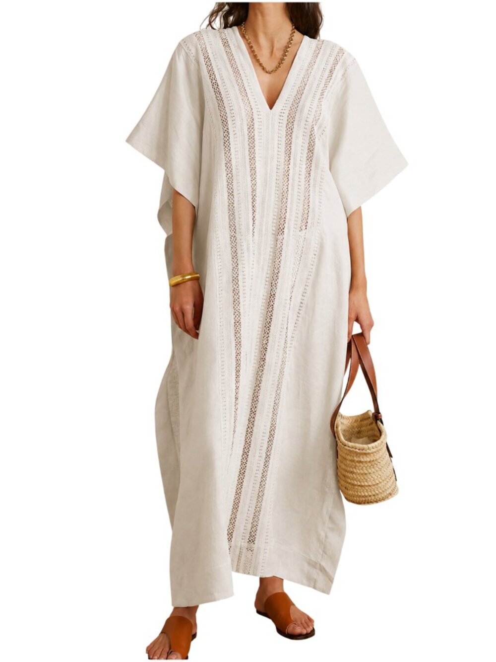 Miguelina Brea Crochet And Linen Kaftan ivory natural size M medium coverup